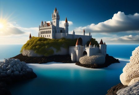 a (white stonework castle) on a (rock spire) in a bay, (stone pier, Mole, Jetty), battlement, crenellations, Machicolations, rough sea, blue sky, clouds, sun beams, best quality, high Contrast,  masterpiece, realistic, photo-realistic, amazing, finely detail, ultra-detailed, highres, extremely detailed, 8k wallpaper, wizz style