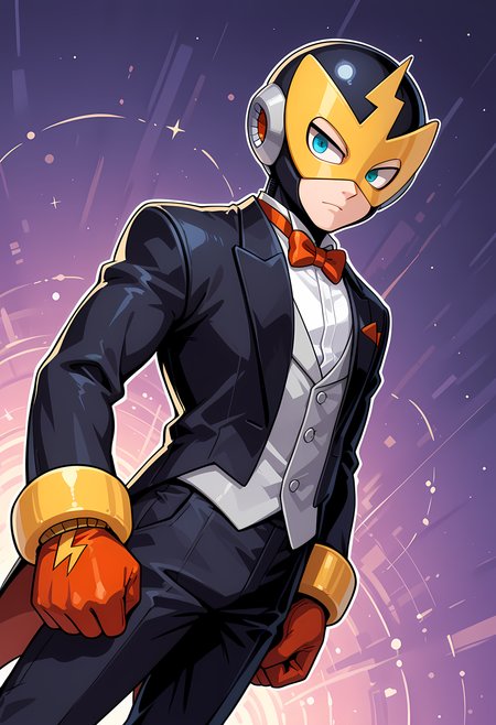 masterpiece, best quality, amazing quality, dutch angle, abstract background, BREAK
1boy, solo, male focus, mm_elec, blue eyes, helmet, mask, android, tuxedo, bow tie, formal, BREAK
<lora:cfg_scale_boost:.6>  <lora:Elec_Man_-_Mega_Man_-_ILXL:1>