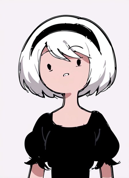 <lora:Adventure_Time_Style_LORA:1>, score_9, score_8_up, score_7_up, , adventure time style, flat color, vector ilustration, (dot eyes), round face, upper body, black dress, 2B , YoRHa No.2 Type B,  white hair, short hair