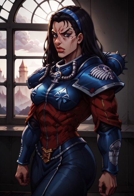 score_9, score_8_up, score_7_up, charturnerv2, solo, (side profile facing right),walking through gothic space ship corridor, kwkm, black eyes, black hair, extra long shiny thick hair, blunt bangs, parted bangs, (red & white striped American flag hairband), mole under eye, muscular, muscular female, twintails, (((muscular female))), thick thighs,  (adepta sororitas, wh40k, battle sisters, reflective power armor, black and neon-crimson and light-blue armor), pauldron), thick lips, large breasts, cleavage, head tilted up, stern and disgusted expression on face, (right hand holding hilt of 40kchainsword), (detailed neon lit Gothic Starship corridor with large windows showing surreal landscape outside)