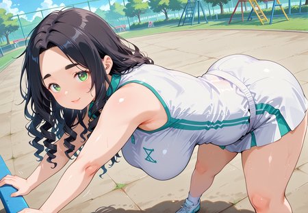 IllusP0s, PonyScores7, source_anime, ah1, IllustriousQual, interesting, exciting, spectacular, wonderful, 
BREAK <lora:xl_more_art-full_v1:0.2>, <lora:aesthetic_anime_v1s:0.2>, <lora:EpicF4nta5yXL:0.2>, <lora:detailxl:0.2>, detailxl, <lora:Fant5yP0ny:0.2>, amazing quality, best aesthetic, absurdres, illustration, Volumetric_Lighting, ultra-detailed, very aesthetic, intricate details, best_quality
BREAK ((Standing with arms stretched out to sides, feet hip-width apart)),
BREAK Stable_Yogis_PDXL_Positives, AS-Adult, <lora:Complicated fantasy portrait - XL Pony V2.0:0.2>, bad-hands-5, <lora:HDA_Detailer:0.3>, <lora:natsumi_style:0.5>, <lora:by_usakun-pony:0.4>, by usakun, <lora:Akina_Bbw_Style_-_PonyXL:0.2>, AkinBw, ((Ground level, (from side), medium distance from viewer, focus on head)),
BREAK 1girl, mature female, (curvy), round-chin, caucasian, <lora:ETO_OC_Illustrius:0.5>, eto_oc, skindentation, (plump), thick thighs, wide hips, busty, voluptuous, <lora:venus body PonyXL:0.3>, <lora:shinyskin2:0.2>, glistening skin, HDA_FatGirlXL, 
BREAK ((<lora:tennis uniform_XL_V1.0:0.8>, tennis outfit)),
BREAK (curly hair), long hair, (black hair:1.4), (parted hair:1.7), messy hair, kinky curls, <lora:hairdetailpxl:0.2>, hairdetailpxl,
BREAK (half green and brown eyes), (colorful eyes), (multicolored eyes), (downturned eyes:1.4), <lora:expressive eyes:0.2>, expressive eyes, <lora:eyedetailpxl:0.2>, eyedetailpxl, <lora:Eyes_High_Definition:0.2>, EyesHD, (round face:1.2), (thick eyebrows:1.3), (plump face), <lora:Round_face:0.2>, lips, 
BREAK ((proud expression)), <lora:Expressive_H:0.2>, Expressiveh, <lora:Emotional_Anime_Expressions_PonyXL_Concept:0.2>, emotional, <lora:Best_Facial_Expression_LoRA_PONY:0.2>, looking at viewer, <lora:Detailed expressive EXEV style -XL Pony V1.0:0.2>, FaceDetail,
BREAK (((public playground, parents watching children play or chatting with each other))), <lora:Background Detailer - SDXL:0.8>, 4k, 8k, Ultra HD, Masterpiece, Best quality, Detailed background, <lora:Add_more_details_V2_XLpony:0.4> full_details,