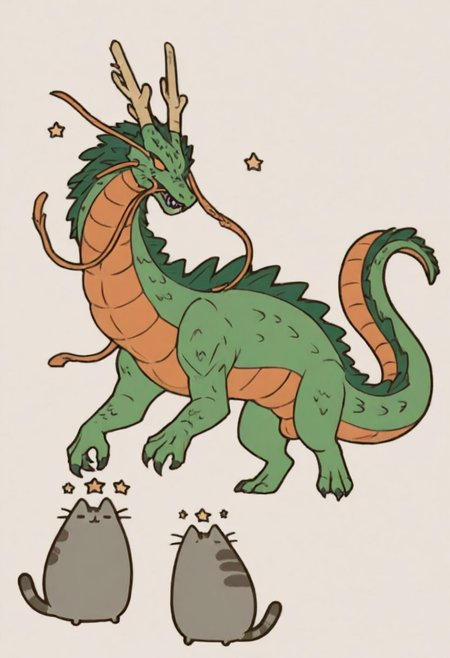 masterpiece, best quality, amazing quality, no humans, Pusheen, ((Pusheen standing next to 7 orange balls that have stars on them)), summoning, shenron, extremely long green dragon shenron, bosstyle