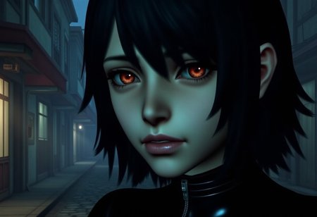 1girl, Close-up of a mysterious anime girl, 20s, pale skin with a ghostly glow, intense crimson eyes with a haunted expression, wet black hair dripping water, strands covering part of her face, subtle raindrops on her cheeks, glossy pink lips with a sad look, wearing a tight black outfit with reflective texture, background of a rainy urban alley at night, blurred old buildings with cracked windows and hanging wires, faint streetlamp light casting wet reflections, cold blue-green tones, look with hatred , low poly, d4i5y, gothic makeup,  si1enthi113, playstation 2 screenshot,  ps2 style <lora:ps2-style:0.9>