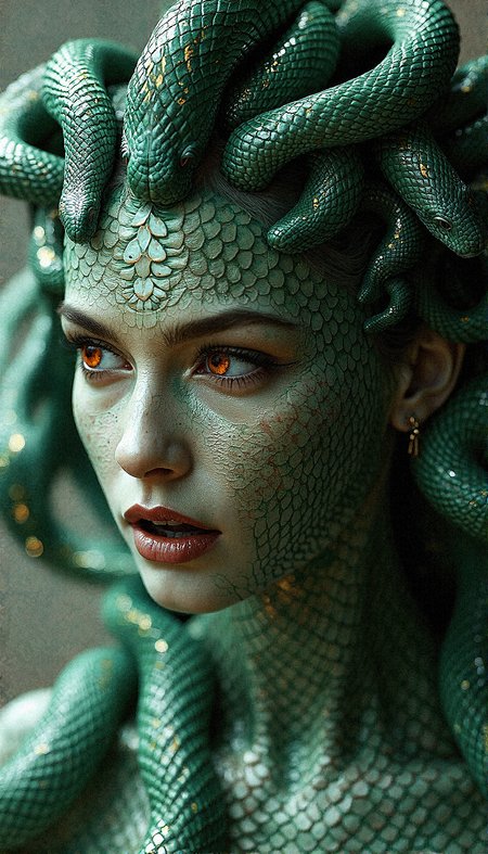 a hyper-realistic close-up portrait of a Medusa-inspired woman with snake hair and skin covered in intricate, diamond-patterned scales, like those of a real snake. Her skin should have a greenish hue, with each scale meticulously detailed and reflecting light in a way that gives her an almost metallic sheen. Her eyes are a fiery orange, filled with intensity and mystery, contrasting with the cool tones of her reptilian skin. The snakes in her hair should be rendered with the same scaly texture, each serpent’s scales catching the light and showing a similar pattern to her skin, as if they are extensions of herself.

The overall composition should give the impression of a living armor, with the scaly texture continuing across her neck, shoulders, and chest, blending seamlessly into her skin. The background should be kept neutral, allowing the complex textures and intricate details of her scales and the snakes to stand out. Aim for a photorealistic effect that captures the interplay of light on her scales, the depth of her gaze, and the tactile quality of her snake hair, blending fantasy and hyper-realism in a striking way. Lips slightly parted with a look of surprise, as if reacting to something unexpected, her gaze intense.































