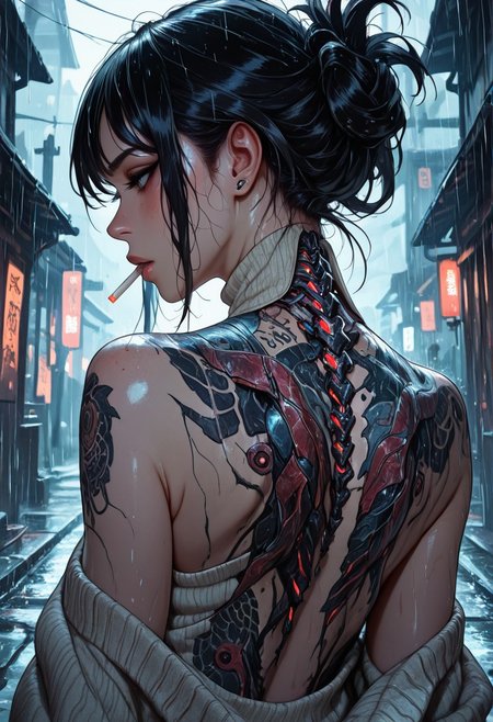 highres, very detailed, amazing quality, masterpiece,
very aesthetic,
particle effect, Cinematic, 
1girl, solo, Black hair, hair up, beautiful, exposed shoulders, exposed back, bionic spine, smoking, cigarette, strong face, angled face, side eye,
Back tattoo, Dragon back tattoo, 
Sweater around lower back, 
Raining, ancient Japanese street, 
Close up, 
From behind, View from behind,