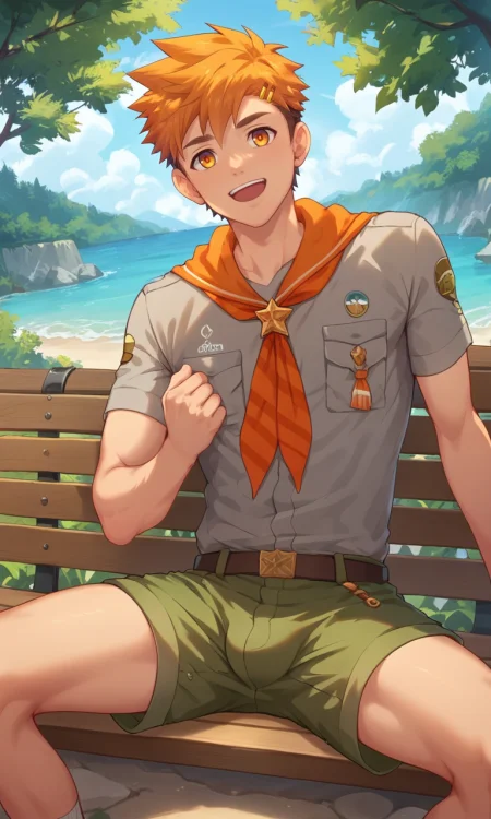 score_9, score_8_up, score_7_up, masterpiece, best quality, lots of details, ((1boy)), Hiro, solo, male focus, open mouth, light smile, gray shirt, green shorts, orange neckerchief, shaded, short sleeves, sitting, on bench, detailed shading, detailed skin, shaded skin, realistic shading, looking at viewer, Expressiveh, countershading:1.1, camp yard, outdoors,  <lora:add-detail-xl:0.7>, <lora:Smooth Anime 2 Style SDXL_LoRA_Pony Diffusion V6 XL:0.8>, <lora:Expressive_H:0.8>, <lora:Hiro_XL_V10:0.9>