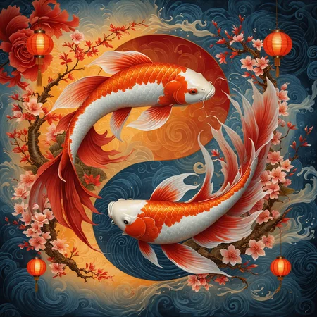 two koi fish swimming in a yin-yang formation against intricate background, fish is bright red with vibrant with flowing fins, surround them with a dynamic swirling water pattern that forms smoky tendrils and elegant waves, incorporate elements of a traditional Japanese garden in the background, including softly lit lanterns, blooming cherry blossoms, gently swaying bamboo, vivid colors and intricate details fish, <lora:MJ52:0.3>, <lora:add-detail-xl:1>