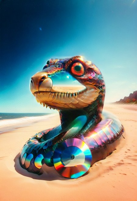 Sand dune, beach, giant snake statue, made of cd's, ((double exposure)). prismatic eyes, surreal, dark and moody ,  film grain,high quality,  dramatic ,poster, otclillsn, psych3delic