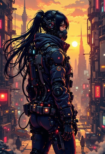 nistyle, A digital artwork in the style of cknc, futuristic, cyberpunk female warrior, communicator, respirator, leather jacket, long flowing hair, standing on street of futuristic sci-fi city, towers, domes and skyscrapers, sunset, rule of thirds, perfect lighting, sunset, HD32K, wallpaper, hyperdetailed
