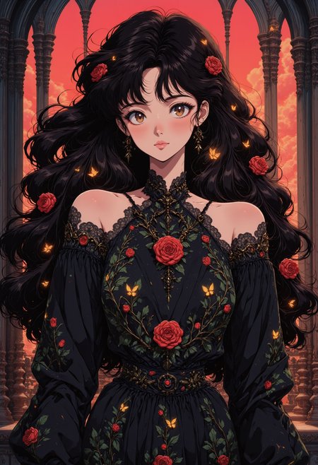 pinkretroanime, A hauntingly beautiful woman with porcelain skin, deep crimson lips, and piercing golden eyes. Her raven-black hair is adorned with blood-red roses, their petals seemingly made of velvet. She wears an intricate black lace gown with delicate embroidery in the shape of thorned vines. Behind her, an abandoned gothic cathedral with towering stained-glass windows glows under a crimson sunset.