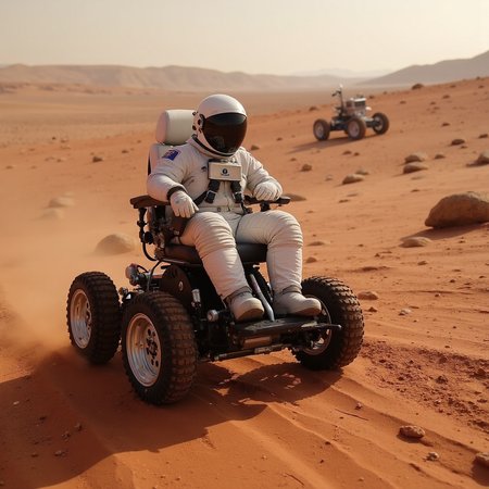 realistic photo of a astronaut riding in an off road wheelchair, on mars, red dirt, red planet, alien planet, nasa style, space and scifi,  ultra high quality, sharp focus, highly detailed,  <lora:Off_Road_Wheelchair_FLUX:1>,