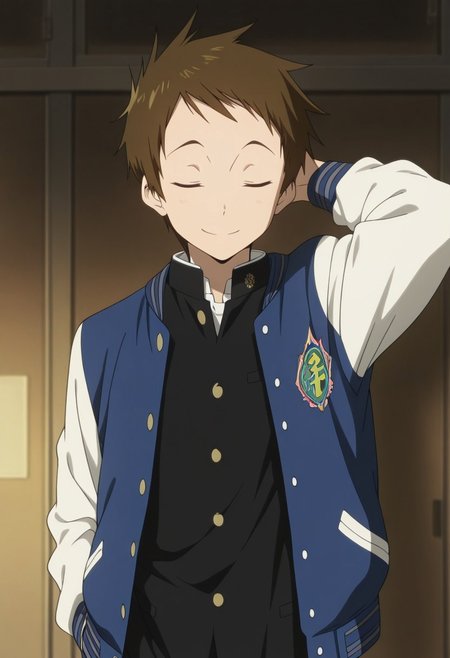 masterpiece,best quality,amazing quality, source_anime,
SatosFukube, 1boy, male focus, solo, closed eyes, brown hair, school uniform, gakuran, jacket, black jacket, buttons, letterman jacket, blue jacket, open jacket, hand behind head, smile,