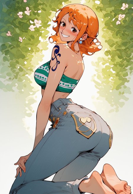 ,score_9, score_8_up, score_7_up, Expressiveh, (masterpiece), nami, low waist jeans shorts,(blush, joyful, smile),  skinny, post timeskip nami, orange short hair, anime, one piece style, from the back, looking at camera, one feet up, one piece anatomy, huge ass, thight clothes, shiny skin, sexy, solo, beautiful face, perfect face, standing up, erotic pose, pink lightings, sunlight, oily skin, simple background, very detailled face, very detailled ass, fullbody, solo