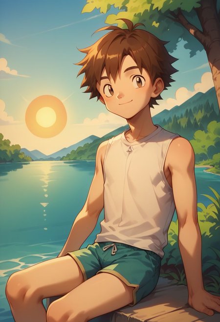 score_9, score_8_up, score_7_up, source_anime, highly detailed, 1boy, solo, male_focus, skinny, cute, short neck, 
richie2, solo, smile, closed mouth, brown hair,  outdoor, sit, short pants, bare foot, shirt, sleeveless, sun, river,