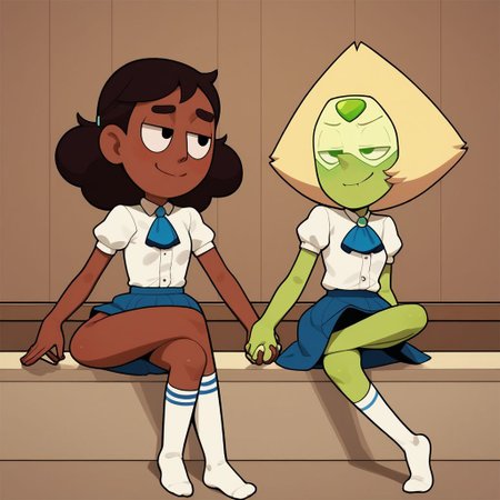 score_9, score_8_up, score_7_up, score_6_up, score_5_up, score_4_up, BREAK, source_anime, connie_maheswaran, indoors, school, small breasts, peridot, 2 girls, smile, smug, white button up shirt, blue skirt, blue ascot, sitting, white socks, holding hands, crossed legs
