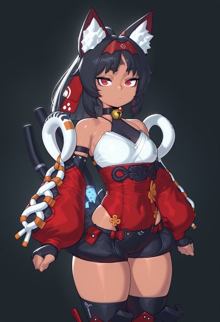 score_9_up, score_8_up, score_7_up, score_6_up, 1girl, solo, alone, masterpiece, best quality, high quality, simple background, abstract background, dark background, <lora:krekkov_style_ilxl_goofy:1>, krekkov style, <lora:Nekomiya_Mana_V2:1>, 1girl, Nekomiya Mana, solo, forehead tattoo, cat ears, red hair band, black hair, ponytail, red ponytail lace, red eyes, narrow waist, curvy, good anatomy, choker, cat bell, black mesh, white top, red sash, detached sleeves, red sleeves, white sleeve laces, fingerless gloves, black shorts, black thigh highs, futuristic shin covers, red metallic boots, high heels, cat paw boots, tail fluff, two tails, blue tail leds, cowboy shot, looking at viewer, closed mouth,