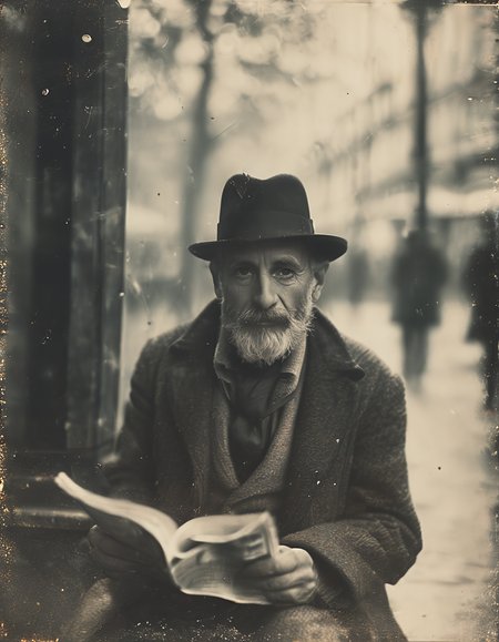 35mm vintage portrait photo of a an old man sitting on a bench reading newspaper, bokeh, 4k, uhd, masterpiece