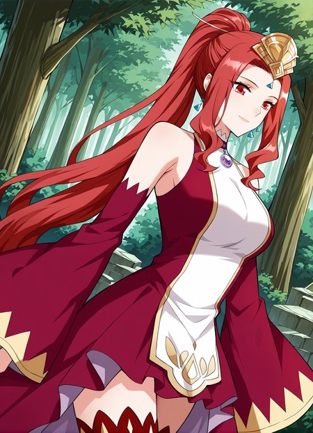 <lora:Cao_Ying__Battle_Through_the_Heavens__Illustrious:1>
1girl, solo, red eyes, sharp eyes, long hair, high ponytail, red hair, ahoge, hair ribbon, hair ornament, wavy hair, sidelocks, anime style, 
fantasy outfit, ornate dress, sleeveless dress, off shoulder, high collar, flared sleeves, asymmetrical skirt, short dress, wide sleeves, detached sleeves, red sleeves, red thighhighs, thigh boots, red boots, fantasy outfit, ornate dress, gemstone necklace, tiara,forehead jewel, earrings, elegant, royal, fantasy girl, 
score_9, score_8_up, score_7_up, very aesthetic, source_anime, detailed, high quality, beautiful, masterpiece, detailed eyes, forest, tree, ruins, cowboy shot, dynamic angle, upper body, light smile, dynamic pose