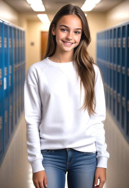 high quality photograph, photorealistic, hyperrealistic, masterpiece, 8k resolution, highres, high detail, sharp focus, detailed skin, 8k uhd, 1girl, solo focus, 18 years old, (Alyssa), dan1ela-001, Latina skin tone, upper body photograph, cute, petite, (very thin:1.5), lanky, tall, slender, adorable, shy smile, perfect teeth, innocent expression, heavy droopy eyelids, standing, playful pose, looking at viewer, white sweatshirt, ((tight jeans)), long brown hair, straight hair, in a school hallway with lockers in the background