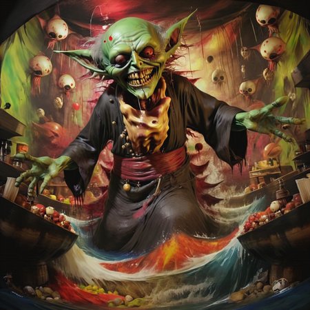 score_9, score_8_up, score_7_up,
solo goblin, alchemist, surgeon,
green skin, red eyes, big smile, eyepatch, laughing,
pirate hat, brown pant, white shirt, 
throw bombs, dancing,
pirate boat, beach <lora:Path_goblin:0.2> path_goblin, with, knife  <lora:EdobHorrorLandscape_XL_v1.0:1.8> horror (theme)