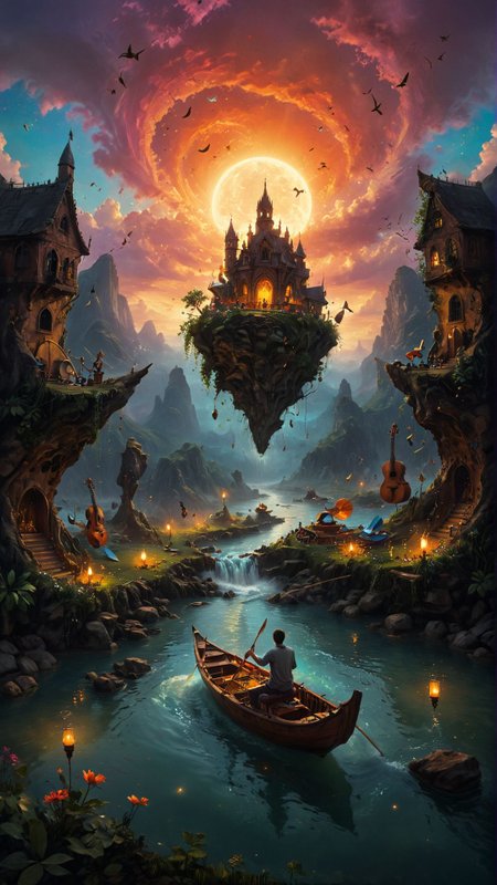 hyper realistic, floating islands made of various musical instruments, interconnected by rivers of flowing music notes, people using instruments as boats, vibrant skies, whimsical and surreal 
<lora:zavy-hlbckdrp-sdxl:0.8> zavy-hlbckdrp, hole through foreground, 
<lora:zavy-mthcl-sdxl:0.75> zavy-mthcl,
<lora:add-detail-xl:1>,
<lora:MJ52:0.35>,
<lora:SDXLFaeTastic2400:0.325>,
(settings by AIDigitalmediaaggency:0.0001),
OverallDetailXL