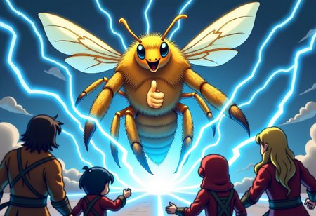 An anime style Dungeons and Dragons adventuring party of five people fighting an enormous golden bee surround by blue lightning emojis. He has a thumbs up emoji engraved on his chest. 
The party is attacking the bee. The bee is breathing out a large amount of blue bolt emojis.