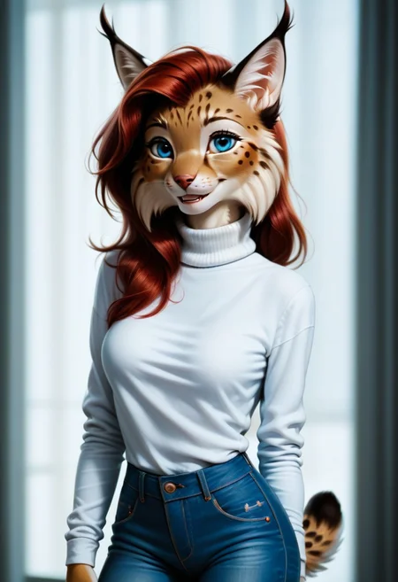 digital_media_(artwork) hi_res, score_9, score_8_up, score_7_up, score_6_up, source_furry, rating_safe, anthro, furry, female, furry female, detailed textured fur, fur tufts, lynx, red hair, blonde brown fur, spots, beautiful blue eyes, medium breasts, covered breasts, slim, slender, turtleneck sweater, denim jeans, smile, SFW,