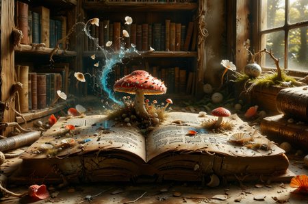 Cryptic message: A weathered book lies open on a dusty shelf in a forgotten library. Its pages are filled with swirling symbols and cryptic illustrations of fantastical creatures. A single fly agaric mushroom with a cap resembling an eyeball rests on the open page, its stem a spindly finger pointing towards a specific passage. (Photorealistic, shallow depth of field, high contrast) 
award winning artwork,
many details, extreme detailed, full of details,
Wide range of colors., Dramatic,Dynamic,Cinematic,Sharp details
Insane quality. Insane resolution. Insane details. Masterpiece. 32k resolution.
 <lora:add-detail-xl:0.95> <lora:casting shadow style v2:0.1> casting shadow style, cucoloris patterned illumination <lora:CinematicStyle_v1:0.1> <lora:Disturbia:0.1> <lora:dvr-lnds-sdxl:0.1> dvr-lnds-sdxl <lora:Glowstick_SDXL:0.1> mad-glowstick <lora:MJ52:0.2> <lora:princess_xl_v2:0.1> <lora:ral-anmwrlds-sdxl:0.1> ral-anmwrlds <lora:ral-apoctvisn-sdxl:0.1> ral-apoctvisn <lora:ral-cltc:0.1> ral-cltc <lora:ral-dissolve:0.1> ral-dissolve <lora:ral-ertmsphr:0.1> ral-ertmsphr <lora:ral-fluff:0.1> ral-fluff <lora:ral-fntsyrlms-sdxl:0.1> ral-fntsyrlms <lora:ral-mtclniscp-sdxl:0.1> ral-mtclniscp <lora:ral-porcelain:0.31> ral-porcelain <lora:ral-pxlprtcl:0.1> ral-pxlprtcl <lora:ral-vlntxplzn:0.1> ral-vlntxplzn <lora:ral-vbrntacyl-sdxl:0.1> ral-vbrntacyl