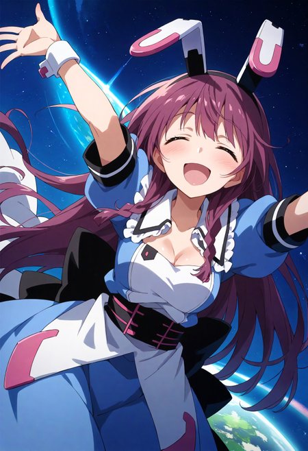score_9, score_8_up, score_7_up, source_anime, masterpiece, best quality,perfect anatomy,rating_safe,tabane,blush,tareme,drooping eyes,shiny skin,cowboy shot,closed eyes,open mouth,smile,happy.head back,outstretched arms,space,  <lora:tabane.pony:1>