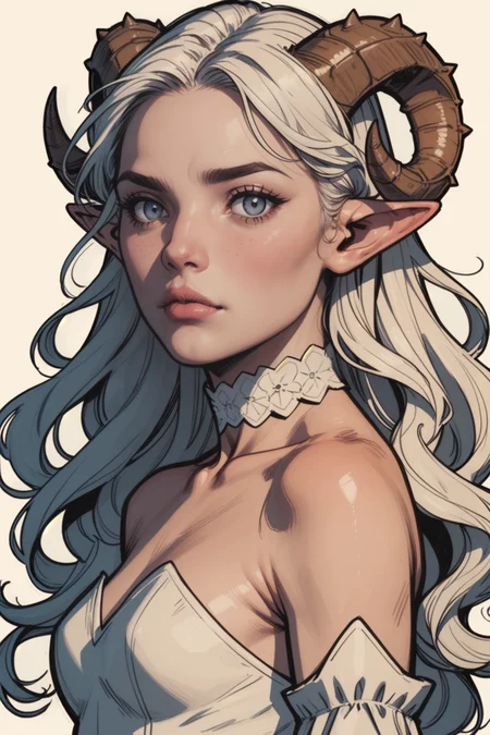 1girl, horns, solo, long hair, pointy ears, looking at viewer, white hair, bare shoulders, realistic, upper body, sheep horns, lips, grey eyes, dress, choker, curled horns, wavy hair, breasts, hair ornament, detached sleeves, closed mouth, white dress, nose, from side, sheep girl, expressionless, blonde hair, flower, eyelashes, small breasts, see-through, blue eyes, looking to the side, hair flower, strapless dress, demon girl, white theme, <lora:Expressive_H:0.5>, score_9, score_8_up, score_8_up, a_Comic_Illustration, rough lines with ink, (drawn:1.1), (sketch:1.5), (crosshatching:1.25), (comic style:1.1), graphic novel style, sharp lines, hires, zstyle, (western comics \(style\):1.1), (hatching \(texture\):1.2), zPDXL, Mr_Monster_Possitive, beautiful detailed eyes, extreme details eyes,  perfect anatomy,, .
