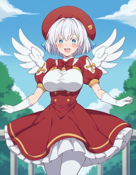 score_9, score_8_up, score_7_up, source_anime, <lora:nagomi-s1-ponyxl-lora-nochekaiser:1>, nagomi, short hair, white hair, blue eyes, white eyelashes, large breasts, mature female, <lora:sakura-kinomoto-cosplay-ponyxl-lora-nochekaiser:1>, sakurakinomotocosplay, kinomoto sakura (cosplay), bow, bowtie, dress, gloves, hat, magical girl, pantyhose, petticoat, ppuffy short sleeves, puffy sleeves, red bow, red bowtie, red dress, red hat, short sleeves, white gloves, white pantyhose, white wings, wings,, outdoors, open mouth, blush, smile, flying, , dutch angle, cowboy shot