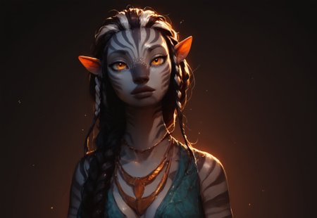 safe_pos, score_9, score_8_up, score_7_up, score_6_up,  1girl, gorgeous girl , kawai girl , Centaur, centaur, Avatar navi alien with white skin, cute face ,beautiful eyes, long tail, black zebra striped skin , (((large braided hair))) , ((golden necklace)), primitive open vest made of leaves, small breasts, cleavage, (slim fit), pose , boob focus , bioluminescent fireflies, dark background, perfect lighting,