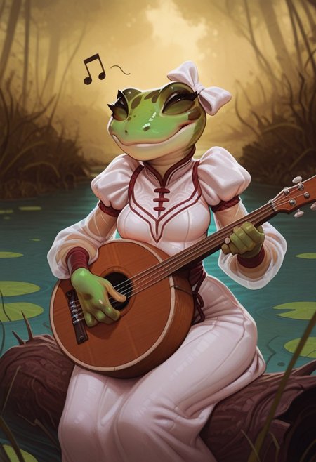 masterpiece, best quality, absurdres, highres, high quality, highly detailed,
1girl, solo, grungrace, anthro frog, spots, green skin, no humans, smile, white hair bow,
breasts,
white dress, fringe trim, puffy sleeves, see-through sleeves,
upper body, face focus, portrait,
banjo, playing instrument, musical note,
outdoors, depth of field, cinematic, sitting on log, lily pad, wetland,
no lineart, pixelsketcher, <lora:incase_new_style_red_ill:0.6>, <lora:bonifasko_ill:0.4>, <lora:grungrace:0.9>