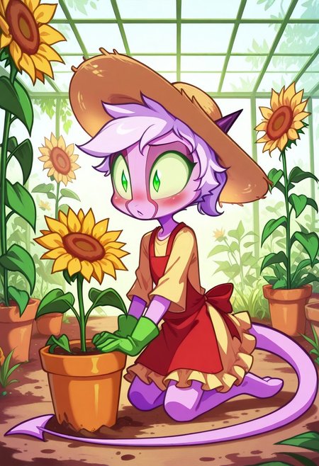 Dreamkeepers,1girl,Prelude_Namah,solo,demon tail, green eyes, horns, 
child, kid, 
kneels in a sunlit greenhouse, dirt smudged on her nose and apron as she fumbles with a potted sunflower, her oversized gardening gloves slip off her hands, and her straw hat tilts precariously, held in place only by a ribbon tied under her chin. A ladybug crawls up her sleeve unnoticed, and her eyes widen in panic as soil spills onto the floor, greenhouse, gardening, apron, straw_hat, dirt, blush, sunflower, ribbon, oversized_clothing, moe, clumsy, panicked_expression, ladybug, sunlight, frilly_dress, innocent_face, playful, flower_pot