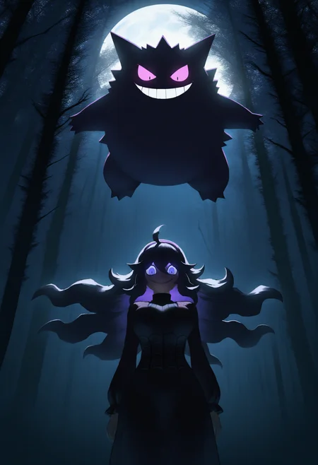 astero, scenery, pokemon \(creature\),
best quality, amazing quality, very aesthetic, absurdres,
gengar,
1girl,
hex maniac \(pokemon\),
purple hair, floating hair,
dress, large breasts,
from below, looking at viewer, looking down, glowing eyes, evil smile,
backlighting, night, dark, moon,
forest, white background,
perspective,  <lora:AsteroNoob_byKonan:1>