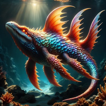 award-winning macro photo, (short depth of field:1.2), detailed large red eyes, the supernatural "infernal bouldereater" with its (huge spiked dorsal fins:1.1) and shimmering iridescent scales, is a colorful ocean-dwelling organism murglethwacking in the extreme temperatures and chemical-rich waters surrounding the hydrothermal vents on planet "jormungandr iv", there it is feeding on helviported gnifflewhammer for sustenance, (movie poster style:1.2), [:leviathan:12], (creature focus:1.1), dappled lighting, golden ratio, realistic, highly detailed, 8k, uhd, p1nk1r1sc4l3s,
<lora:style-iridescent_scales-xl-by_pinkielicious:0.56>
<lora:add-detail-xl:2.4>
<lora:midjourney_mimic-v2-xl-by_andrexsel:0.52>
<lora:lyco-style-envydramaticlightingxl01_digital_art-xl:0.6>