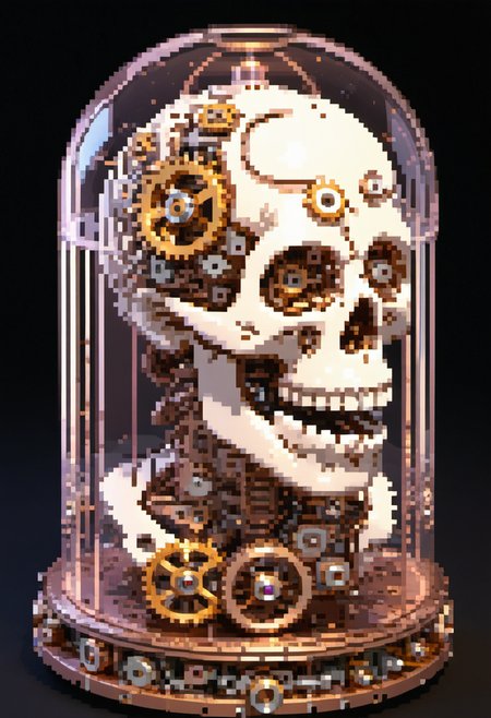 pixel art, digital art, Steampunk-inspired 3D render of a skull-shaped clockwork mechanism. Gears and cogs visible through translucent bone. The jaw opens and closes, marking hours. Eyes roll to show minutes. Steam puffs from ear holes. Brass, copper, and rose gold materials. Intricate engravings cover the surface. style Victorian sci-fi. Lighting: warm, golden hour. three-quarter view with focus on mechanical details. theme time, mortality. fascinating, slightly melancholic.