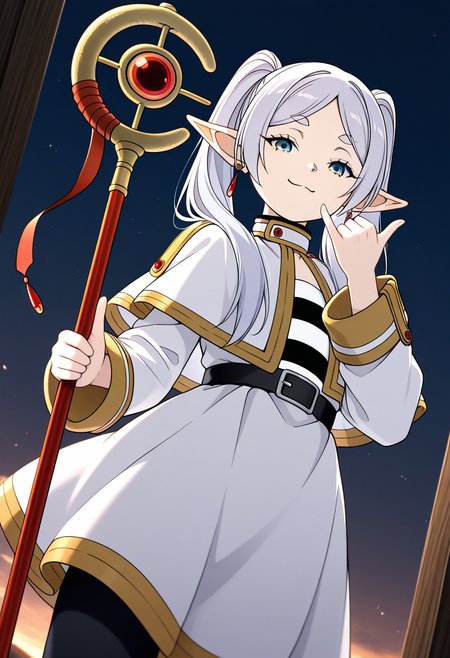 masterpiece, high quality, best quality, 1girl, solo, frieren, smug, looking at viewer, cowboy shot, shaka sign, gesture, from belown, low angle, one hand holding staff, dutch angle,