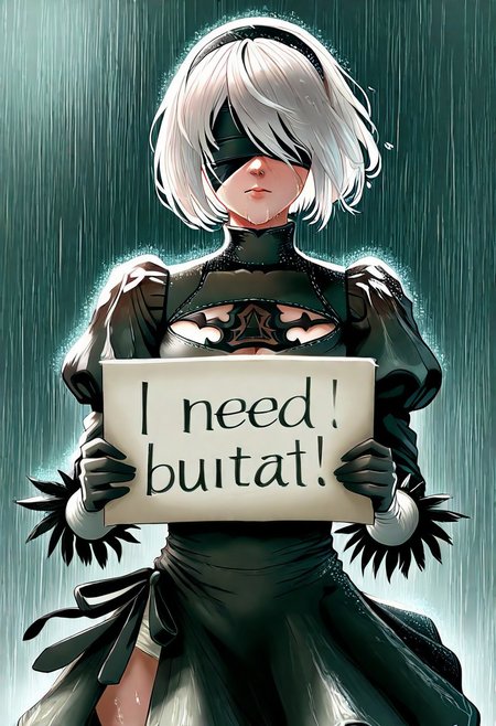 rain, 1girl,2b, nier automata, yorha, android, white hair, short hair, black blindfold,need_buzz, holding sign,rainbow dress,wet clothes, wet hair