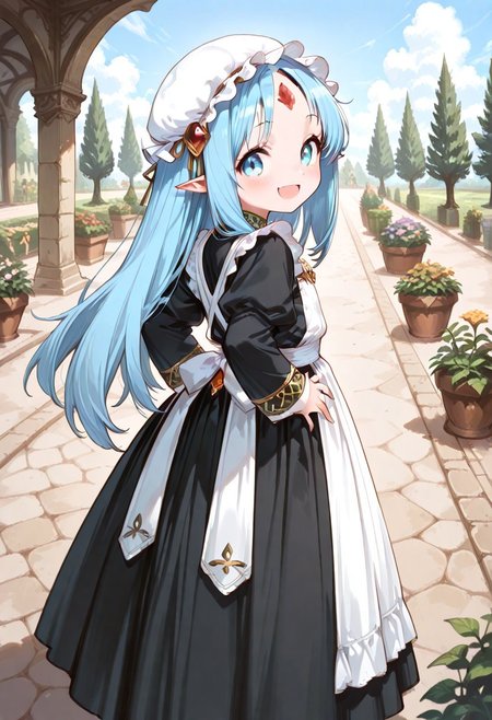masterpiece, best quality, good quality, very awa, very aesthetic, absurdres, newest, high resolution,high quality,detailed,cute details, gr4ph1t3, beautiful eyes, perfect eyes, detailed eyes, 1girl, solo, reset_kalar_il ,pointy ears,blue hair,long hair,red gem forehead, (maid dress:1.4), full sleeves, classic Victorian style, (black dress:1.4), white maid apron, maid mob cap, looking at viewer, very cute, hands behind, hands touching hips, looking back at viewer, blush, happy smile, from behind, outdoors, garden, beautiful day
