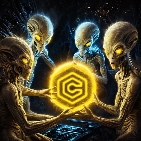 aliens with glowing yellow eyes in amazement of the glowing yellow icon