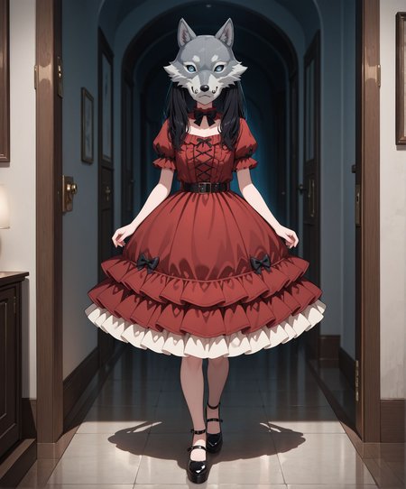 masterpiece,best quality,amazing quality,very aesthetic,absurdres,newest, huge filesize,
<lora:spo_sdxl_10ep_4k-data_lora_webui:0.5>, 
1girl,<lora:AKI_Lonely_Castle_in_the_Mirrorr:1>
wolfgirl, little girl,10YO,short girl, flat chest, 
wolf mask,long black hair,
red dress,puff sleeves,bow tie,layered skirt,
frilly hem,dark belt,
mary jane shoes,standing pose,
eerie atmosphere,gothic style,
mysterious expression,unsettling vibe,