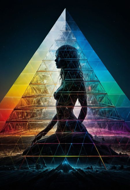 Close-up, album cover, mysterious silhouette woman, (light ray shining on pyramid prism splitting in rainbow colours, dark side of the moon), goddess, alluring, by Minjae Lee, Carne Griffiths, Emily Kell, Steve McCurry, Geoffroy Thoorens, Aaron Horkey, Jordan Grimmer, Greg Rutkowski, amazing depth, double exposure, surreal, geometric patterns, intricately detailed, bokeh,  perfect balanced, deep fine borders, artistic photorealism , smooth,  great masterwork by head of prompt engineering   <lora:add-detail-xl:2>  <lora:Double_Exposure:0.5>