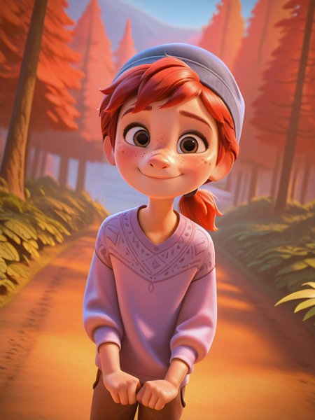 DisneyStudioXL, cinematic,
1boy, freckles, cap, red hair, ponytail, looking at viewer, dynamic angle, cowboy shot, cute, cute pose, smile, blush, wide shot, cute eyes, magic vibes, bangs, floating hair, outdoors, vegetation, trees, child,
 <lora:DisneyStudios_style-12IL:1>