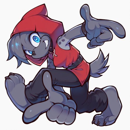 score_9, score_8_up, score_7_up, score_6_up, anthro,, anthropomorphic grey hyena, female, black collar, 1girl, grey fur, blue eyes, (red hood:1.3), black sleeveless,  black work pants, hands on own head, looking at viewer, grin, teeth, full body, sonic adventure pose