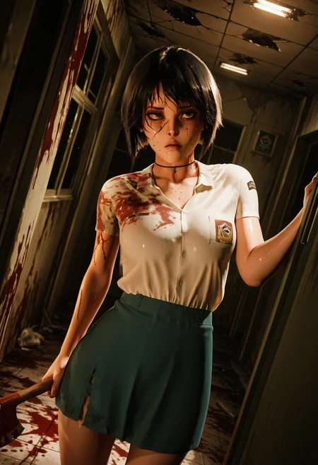 masterpiece,best quality,amazing quality,<lora:Linda_IL:1> LindawaifuIL, solo, black hair, emblem,  brown eyes, choker,  short sleeves,  blue skirt, short hair,  bob cut, torn skirt, fire axe,  holding axe,  sweat on forehead, wooden planks nailed to window, splintered wood, abandoned school corridor, broken ceiling tiles, dim emergency lighting, flickering lights,  blood stains on floor, horror atmosphere, survival situation, dynamic angle, motion blur, dust in air,  dramatic lighting, horror \(theme\), cowboy shot,  <lora:Sinfully_Stylish_1.0_for_Illustrious:0.8> sinfully stylish,