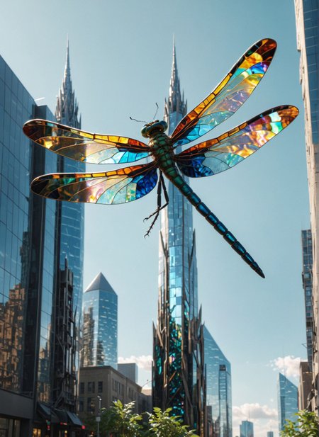 hyper realistic, a colossal dragonfly with wings made of stained glass, flying through a futuristic city made of crystal towers, sunlight casting colorful reflections, majestic and ethereal 
<lora:xray:1>
 <lora:WildcardX-XL-Detail-Enhancer:1>