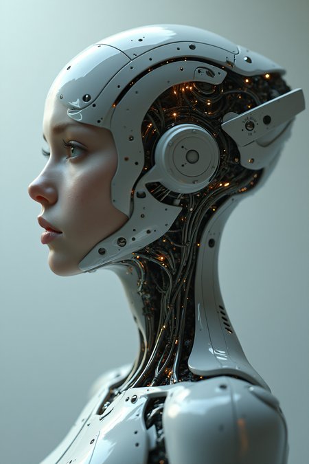 Mechanical female android, half-body portrait, cinematic lighting, intricate, elegant, super highly detailed, art station, concept art, smooth, sharp focus, no blur, no depth of field, extreme illustration, Unreal Engine 5, Photorealism, HD quality, 8k resolution, cinema 4d, 3D, beautiful, delicate, art inspired by artgerm, greg rutkowski, alphonse mucha, loish, 