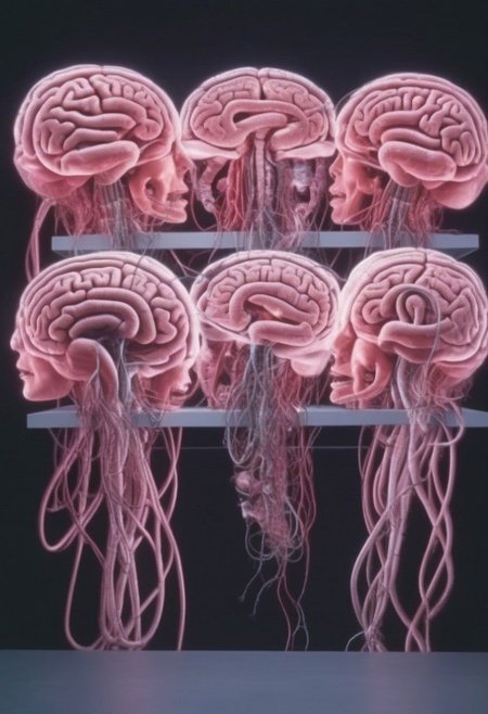 crt style tvs sets multiple human brains emerging from 5 women glowing massive amounts of intestines and cables woven together inside multiple modern television sets in technology warehouse