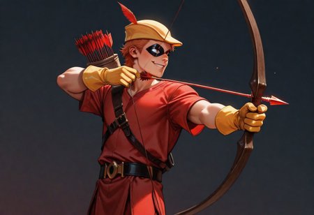 masterpiece, absurdres, high quality, perfect anatomy, 1boy, solo, cute boy, male focus, Speedy, Orange Hair, Domino Mask, White Eyes, Yellow Cap, Red Tunic, Tunic, Red Pants, Yellow Gloves, smug smile, parted lips, portrait, cinematic, intricately detailed illustration, depth of field, masterpiece, best quality, amazing quality, very aesthetic, absurdres, newest, very awa,  shadow, dynamic angle, casual cosplay, dynamic pose, simple background, red theme,  Bow (Weapon), Arrow (Projectile), Quiver on Back, Holding Bow, Drawing Bow, bow